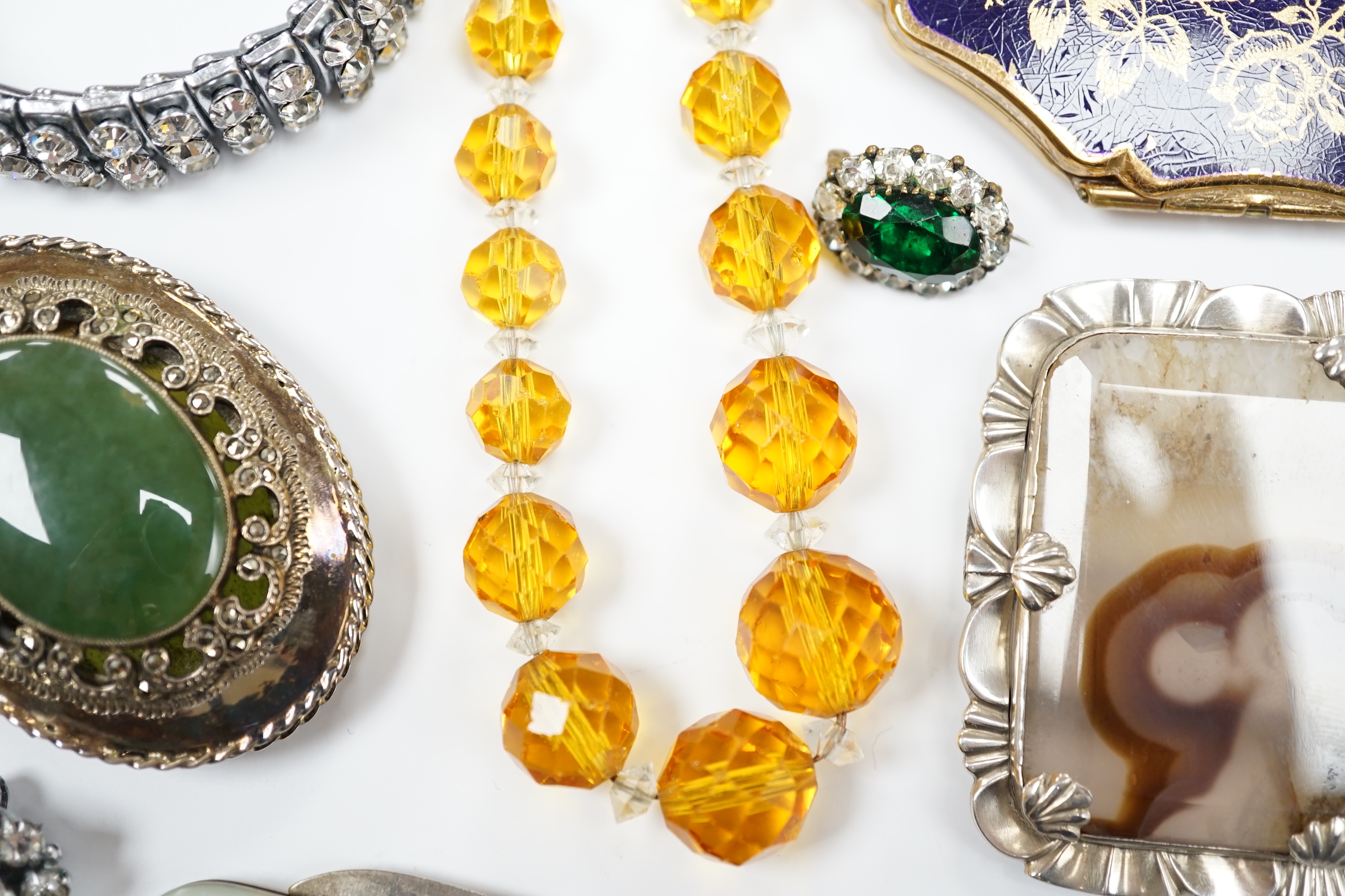 Assorted paste set jewellery etc and other items including compacts and a Ronson lighter.